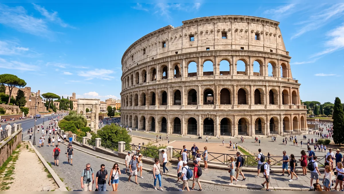 Tourists visiting the Colosseum in Rome Italy on a sunny day