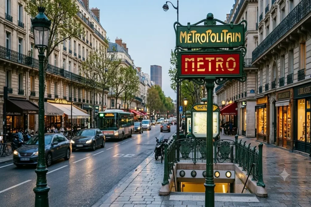 Classic green Paris Metro sign on a busy city street