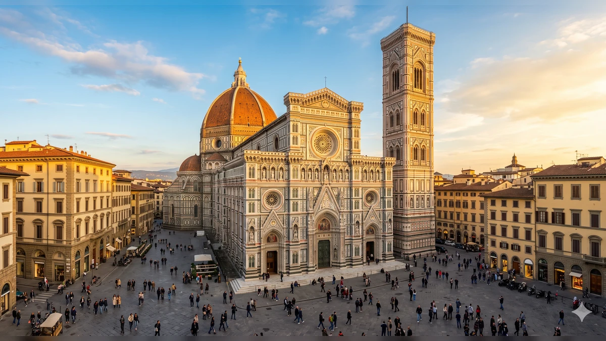 Florence Cathedral and Piazza del Duomo in Florence Italy at sunset