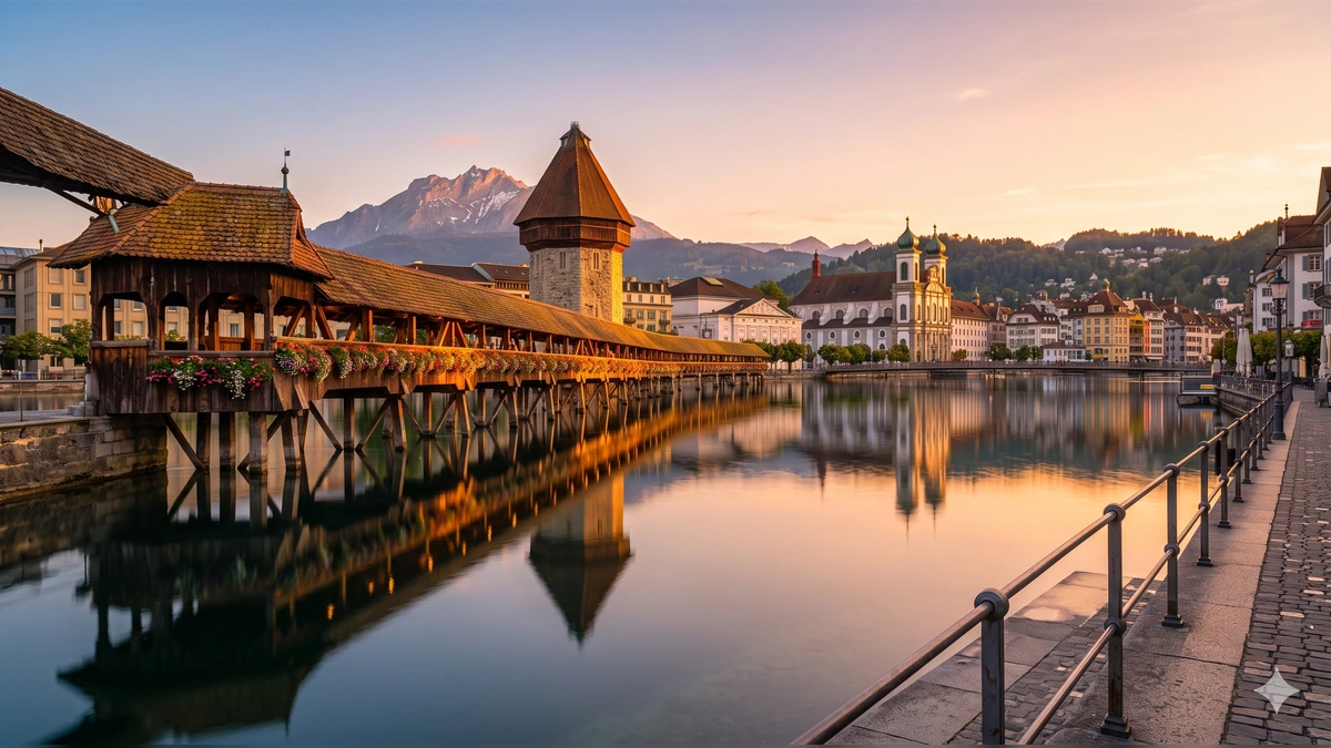 Chapel Bridge in Lucerne at sunset on a Switzerland travel itinerary