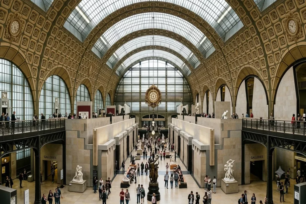 Interior of the Musée d'Orsay showing the giant clock and former train station architecture