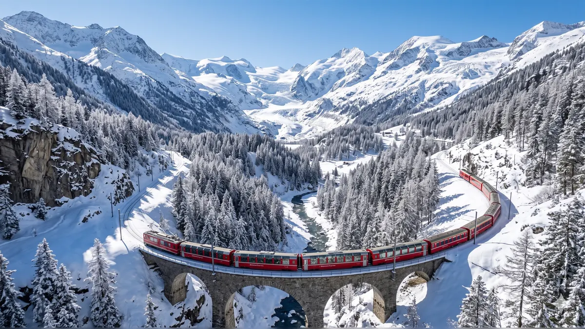 Bernina Express crossing a snowy alpine bridge with the Swiss Travel Pass.