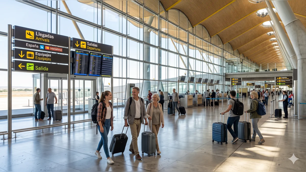 Travelers arriving at Madrid Barajas International Airport in Spain
