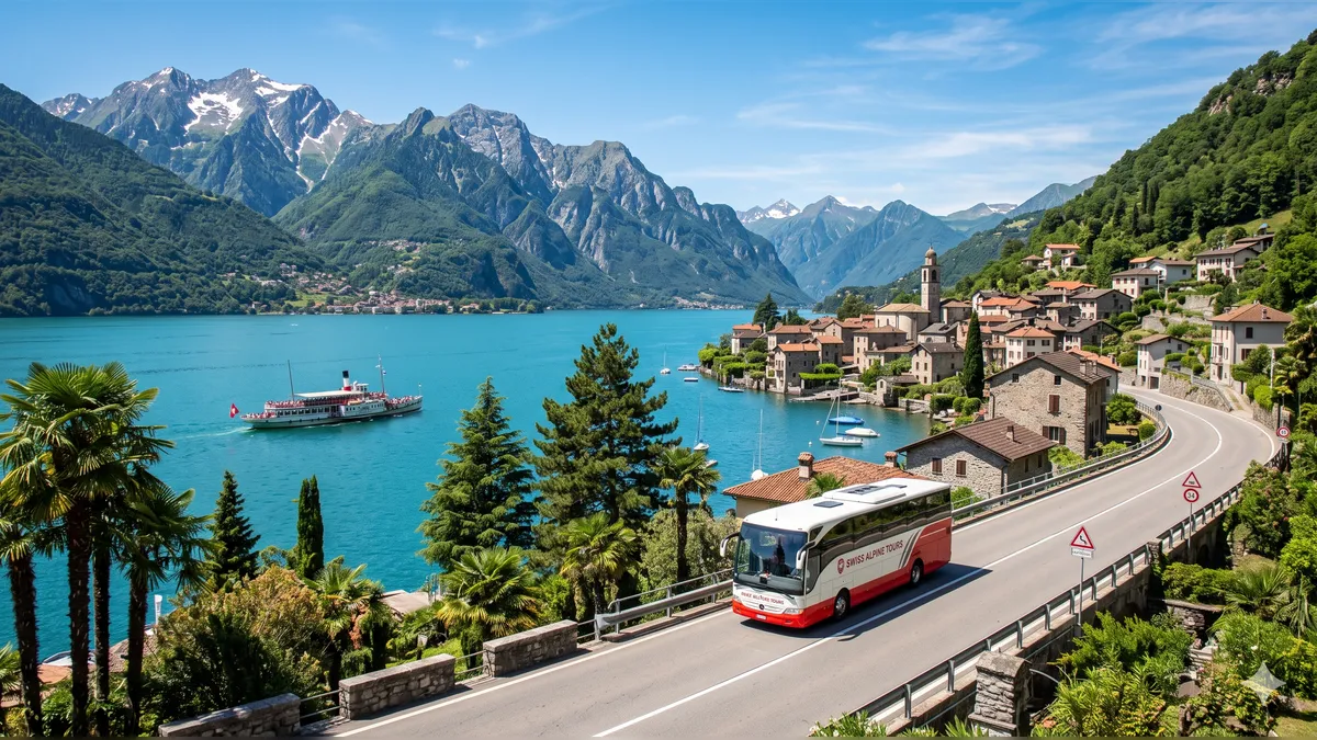 Swiss sightseeing bus traveling beside a scenic alpine lake using the Swiss Travel Pass.
