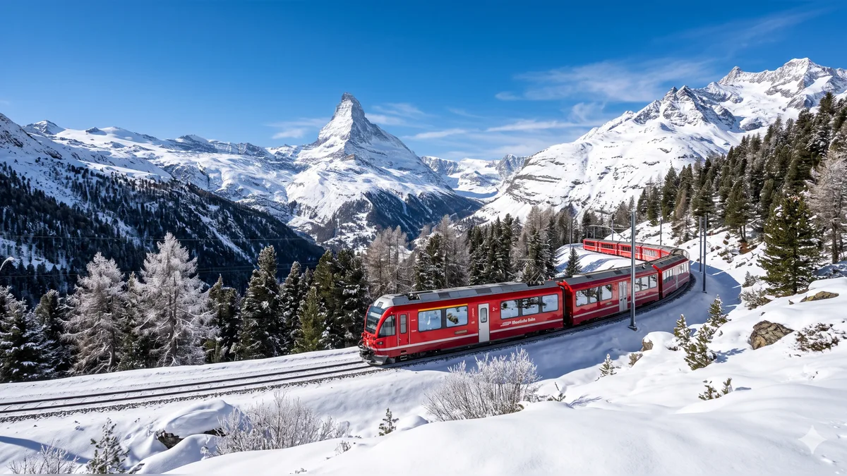 A modern red Swiss panoramic train winding through a snow-covered alpine forest in the Swiss Alps, with the iconic peak of the Matterhorn mountain rising under a clear blue sky.
