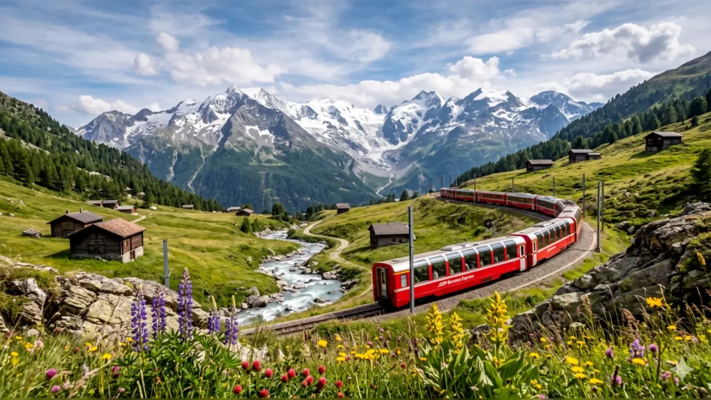 Swiss Travel Pass scenic train journey through the Swiss Alps.