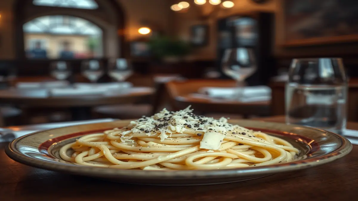 Traditional Cacio e Pepe pasta served in a cozy Roman trattoria