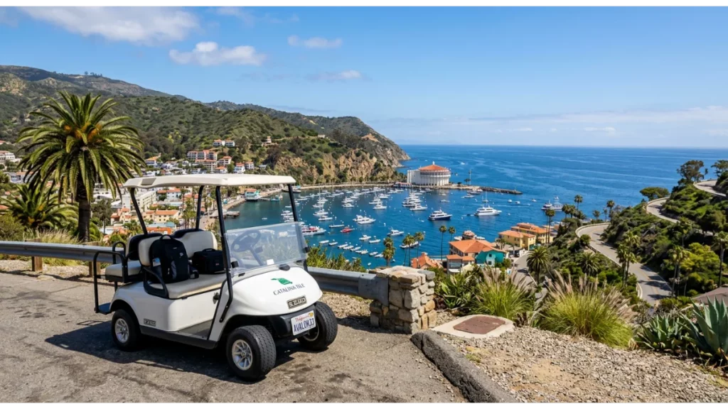 Golf cart parked at a scenic viewpoint overlooking Avalon Harbor on Catalina Island