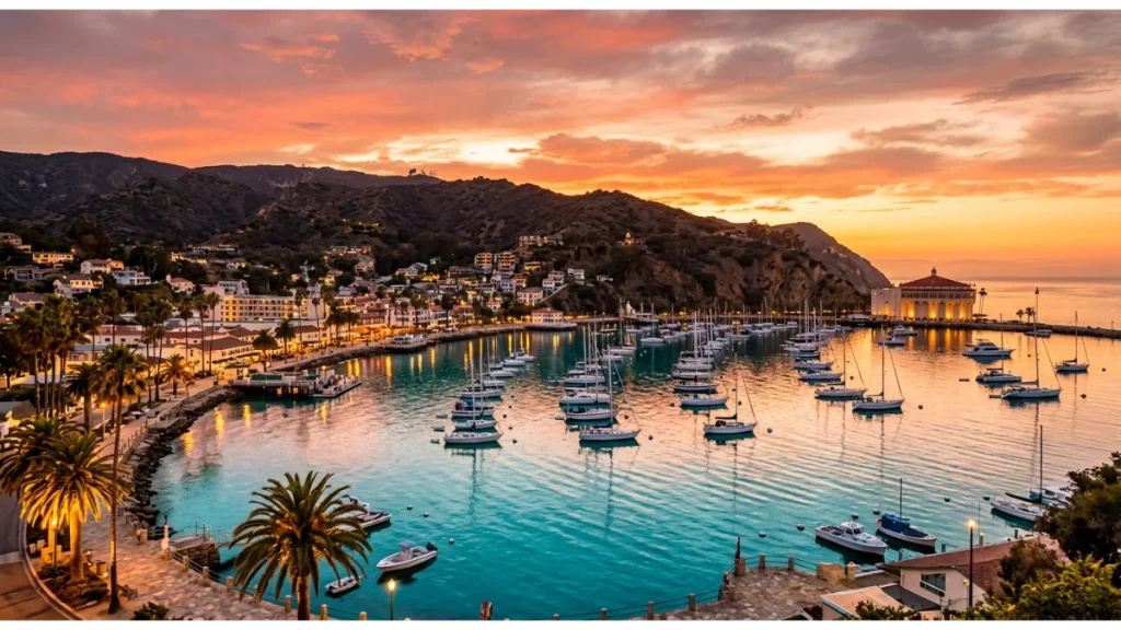 Golden sunset over Avalon Harbor with boats and waterfront buildings on Catalina Island