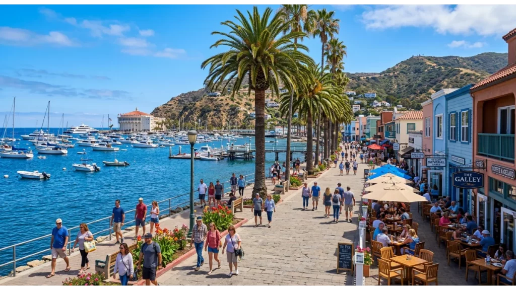 Visitors walking along the Avalon waterfront promenade on Catalina Island