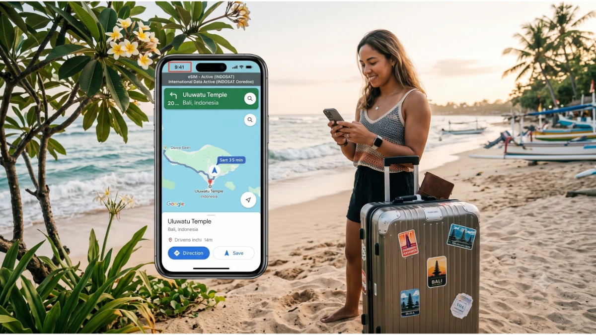 Traveler using an international travel eSIM in Bali