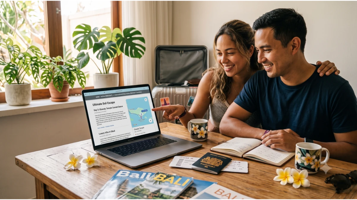 Couple planning a Bali vacation with passport and travel documents
