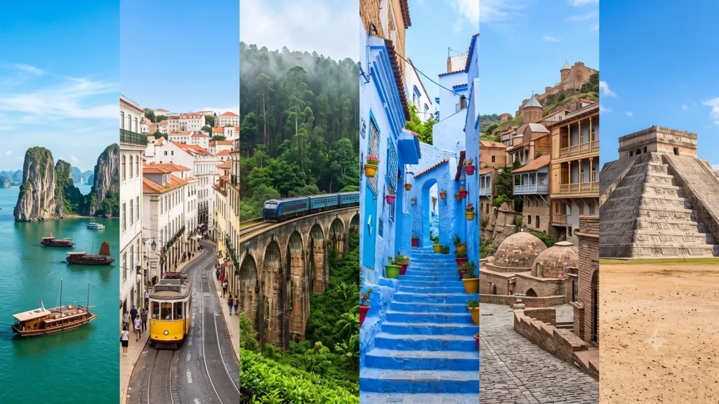 Collage of the best budget travel destinations for 2026 featuring Vietnam Portugal Sri Lanka Mexico Morocco and Georgia