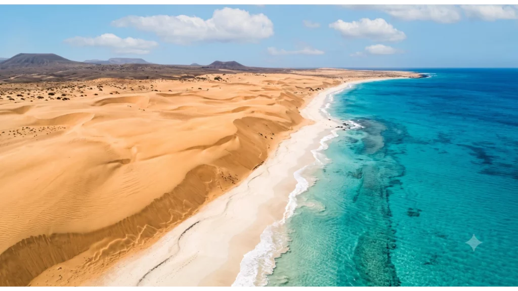 Golden sand dunes and beautiful beach on Boa Vista Island in Cabo Verde