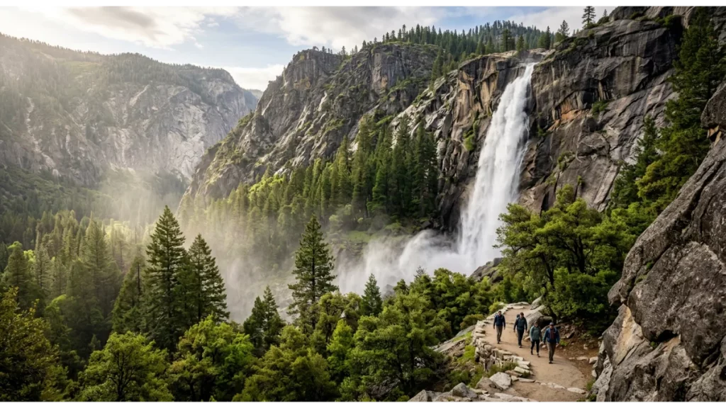 Bridalveil Fall flowing through Yosemite Valley during spring in Yosemite National Park