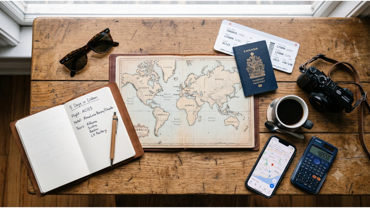 Travel planning essentials with world map passport camera notebook and travel budget