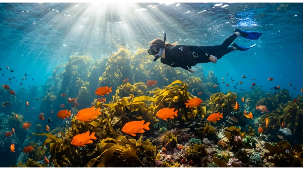 Snorkeler exploring the clear waters of Casino Point Underwater Park on Catalina Island