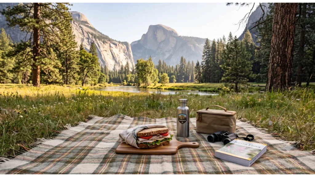 Travelers enjoying a picnic near Cook's Meadow in Yosemite Valley