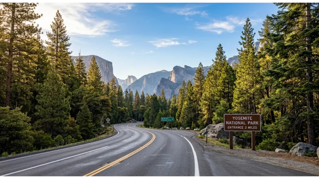 Scenic highway leading into Yosemite National Park surrounded by pine forests and granite mountains