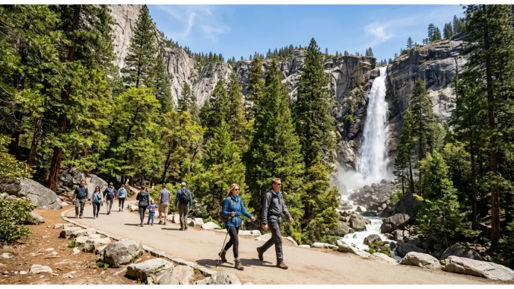 Visitors walking along the Lower Yosemite Falls Trail in Yosemite National Park