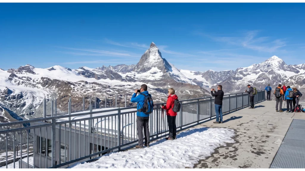 Matterhorn Glacier Paradise cable car viewpoint overlooking the Swiss Alps in Zermatt
