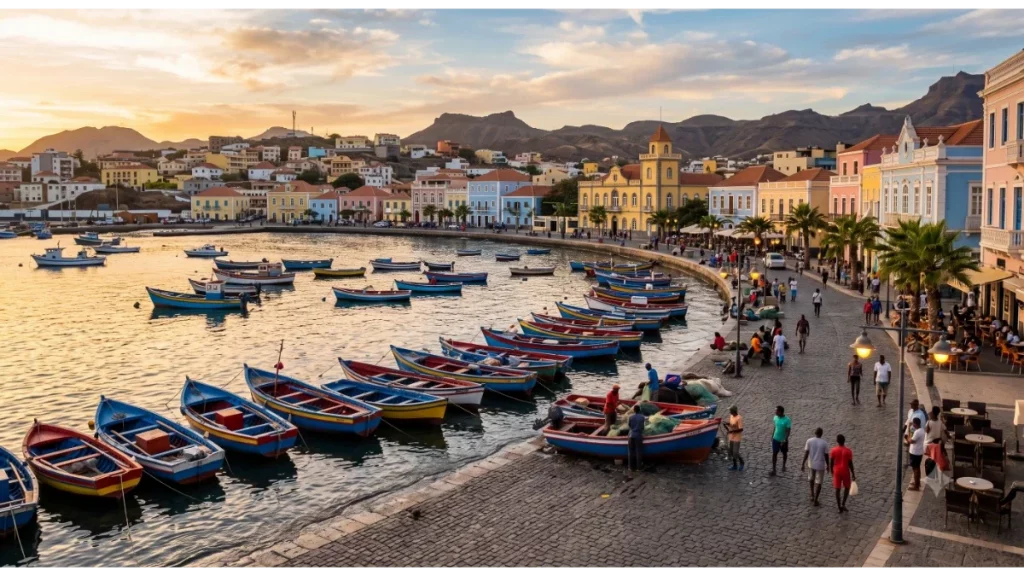 Colorful waterfront and harbor in Mindelo on São Vicente Island Cabo Verde