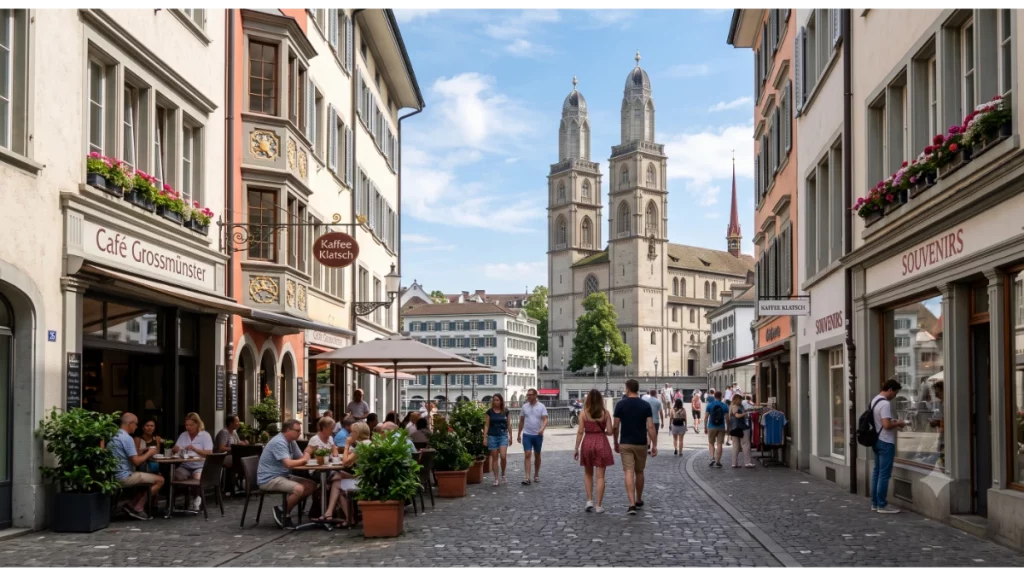 Historic streets and riverside cafés in Zurich Old Town Altstadt Switzerland
