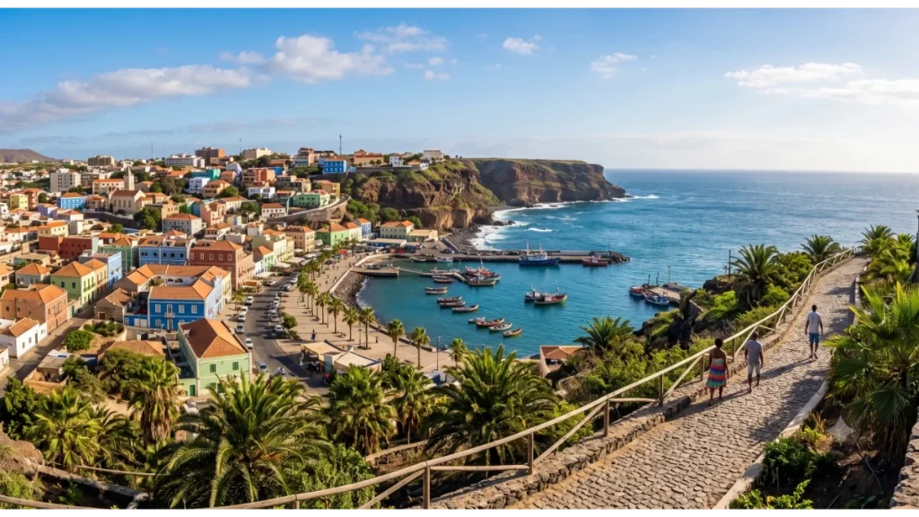 Historic streets and coastal view of Praia on Santiago Island Cabo Verde
