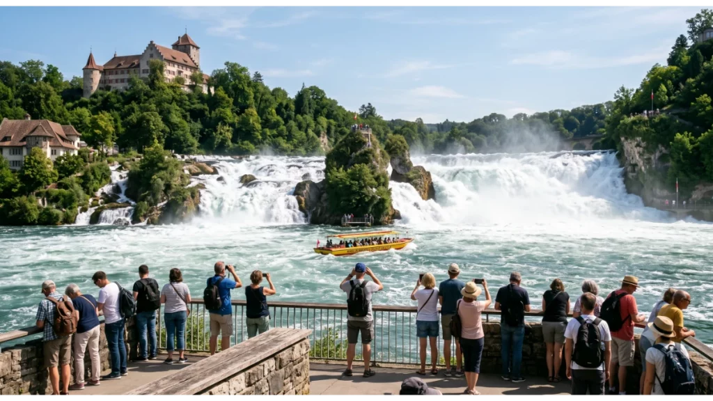Rhine Falls waterfall near Schaffhausen Switzerland with viewing platform and boat