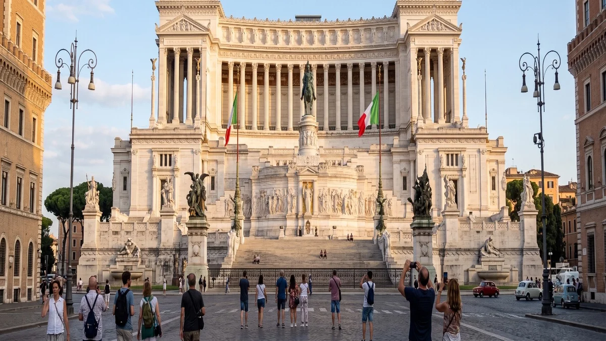 Visitors exploring the Altare della Patria (Vittoriano) monument in Piazza Venezia, Rome