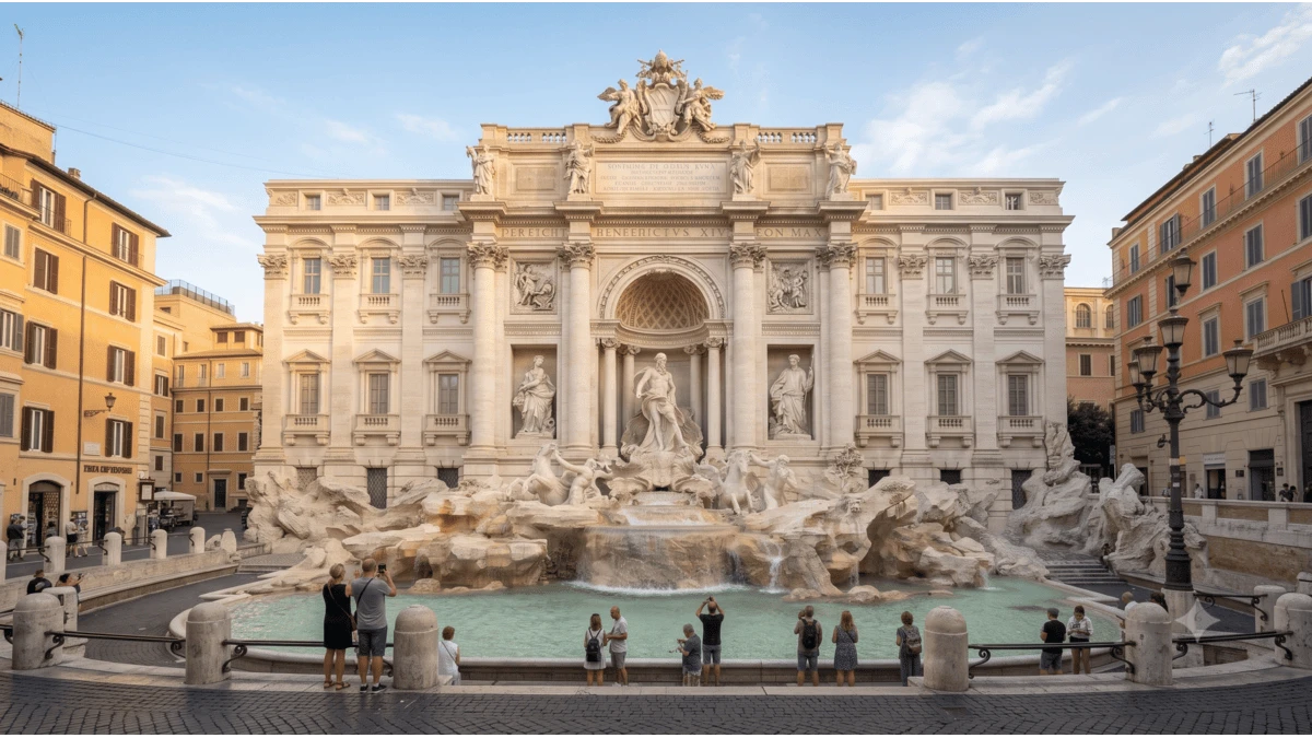 Romantic couple standing beside the Trevi Fountain in Rome during sunset
