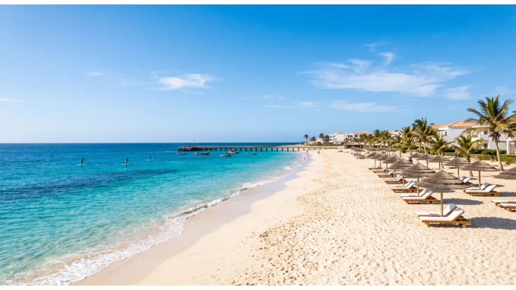Santa Maria Beach on Sal Island in Cabo Verde with white sand and turquoise water