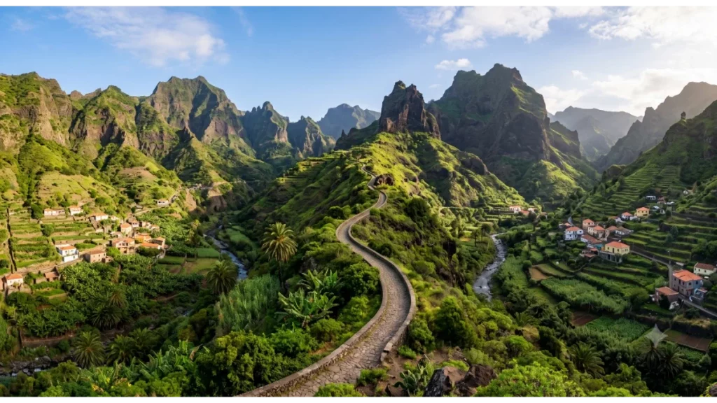 Mountain landscape and hiking trail on Santo Antão Island in Cabo Verde