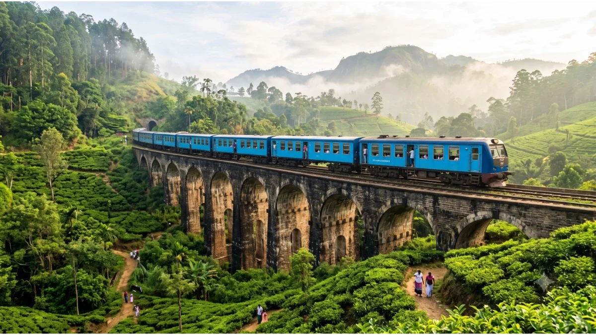 Blue train crossing the Nine Arches Bridge in Ella Sri Lanka