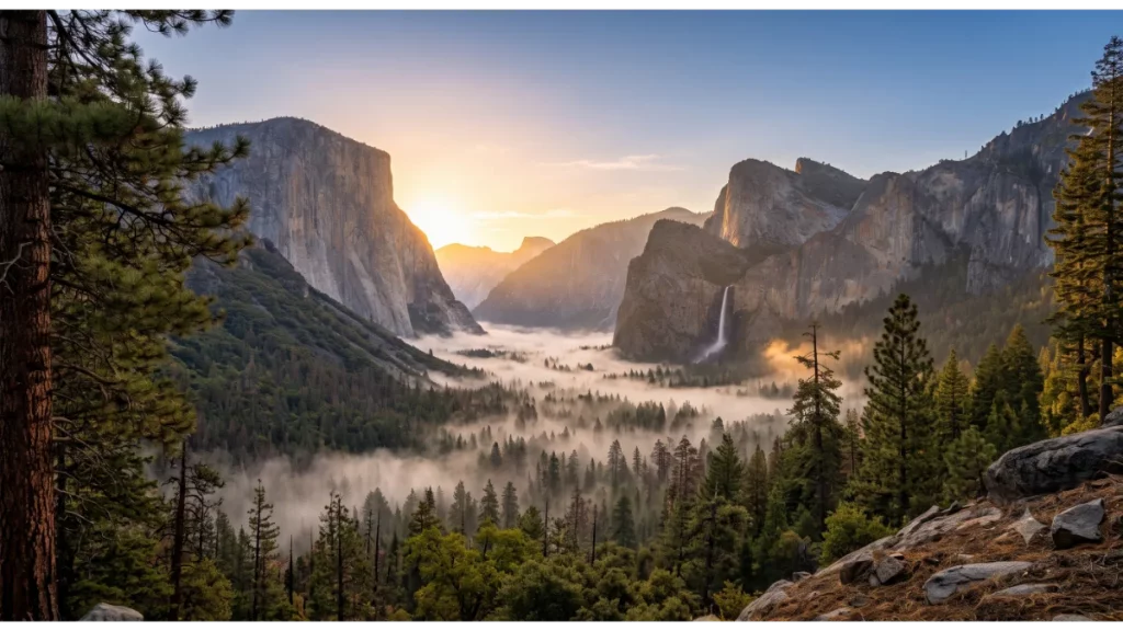 Morning panorama from Tunnel View in Yosemite National Park