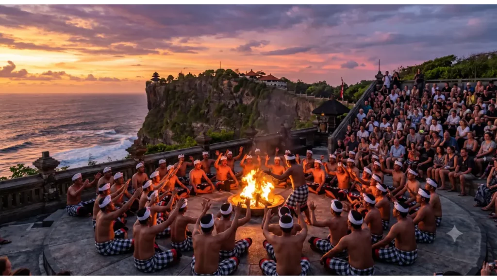 Traditional Kecak Fire Dance performance at Uluwatu Temple during sunset overlooking the Indian Ocean in Bali.