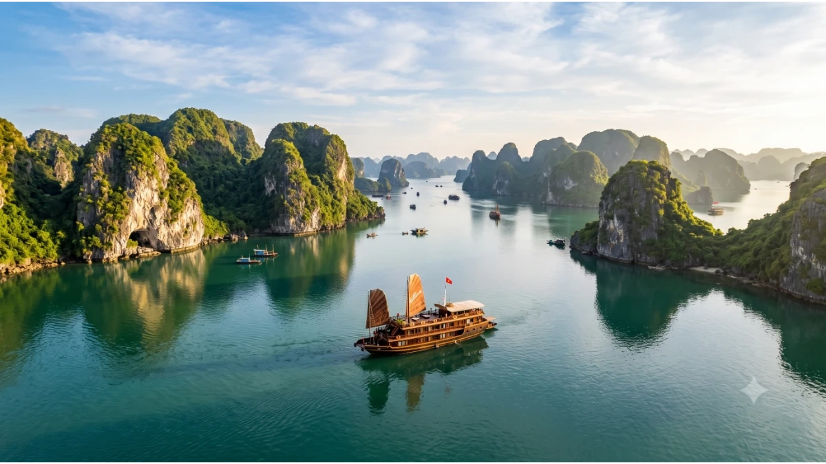 Scenic view of Ha Long Bay with limestone islands and traditional cruise boats in Vietnam