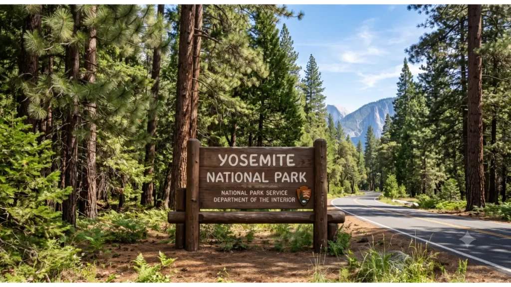 Entrance sign at Yosemite National Park for visitors arriving from San Francisco