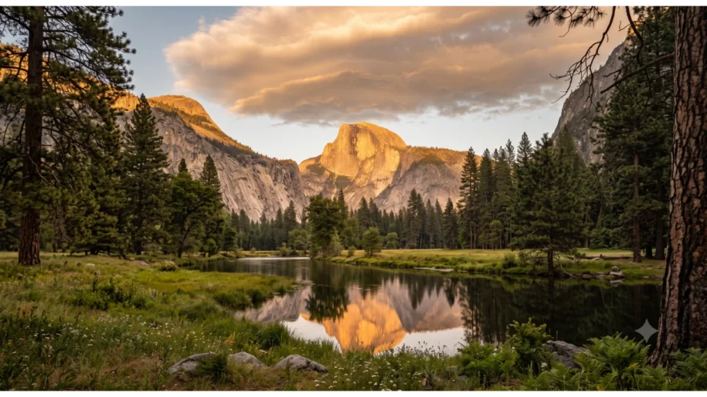 Golden sunset over Yosemite Valley after a day trip from San Francisco
